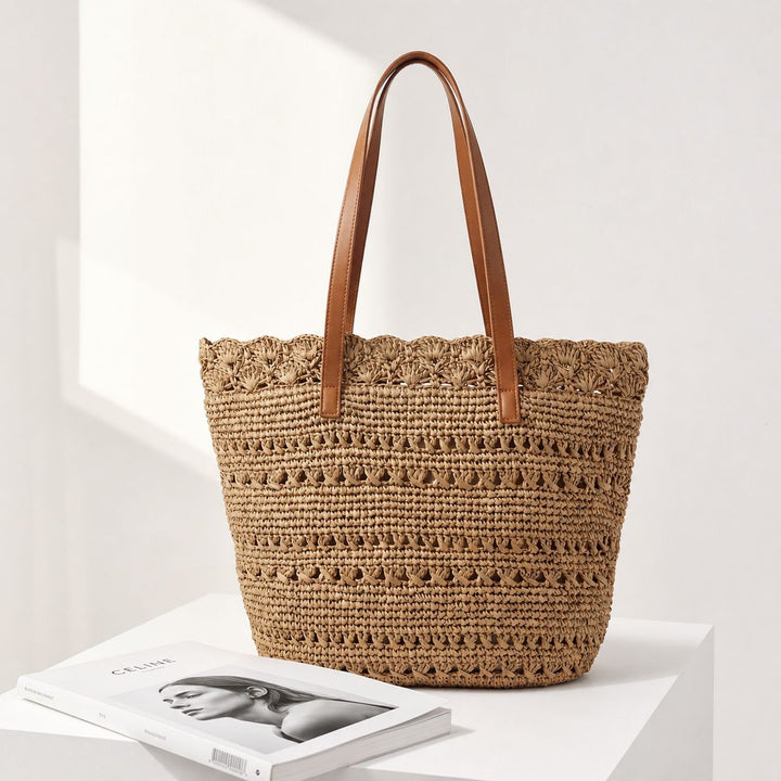 Beach bag with handcrafted crochet pattern and leather handles Kalsten
