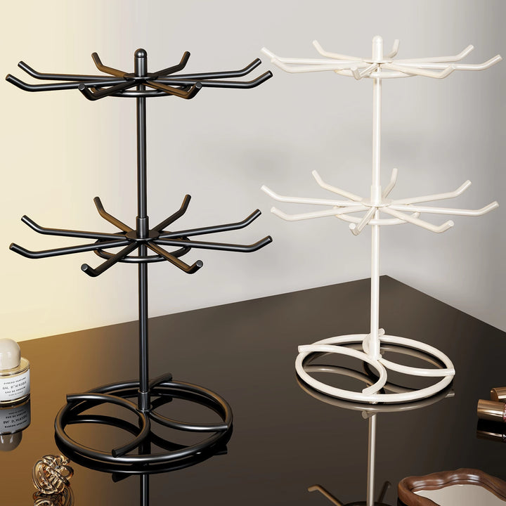 Tiered Rotating Jewelry Organizer Tree Stand with Multi-Arm Hooks and Ring Dish