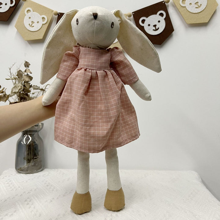 Handcrafted Linen Elephant Soft Toy Doll with Striped Ruffle Collar