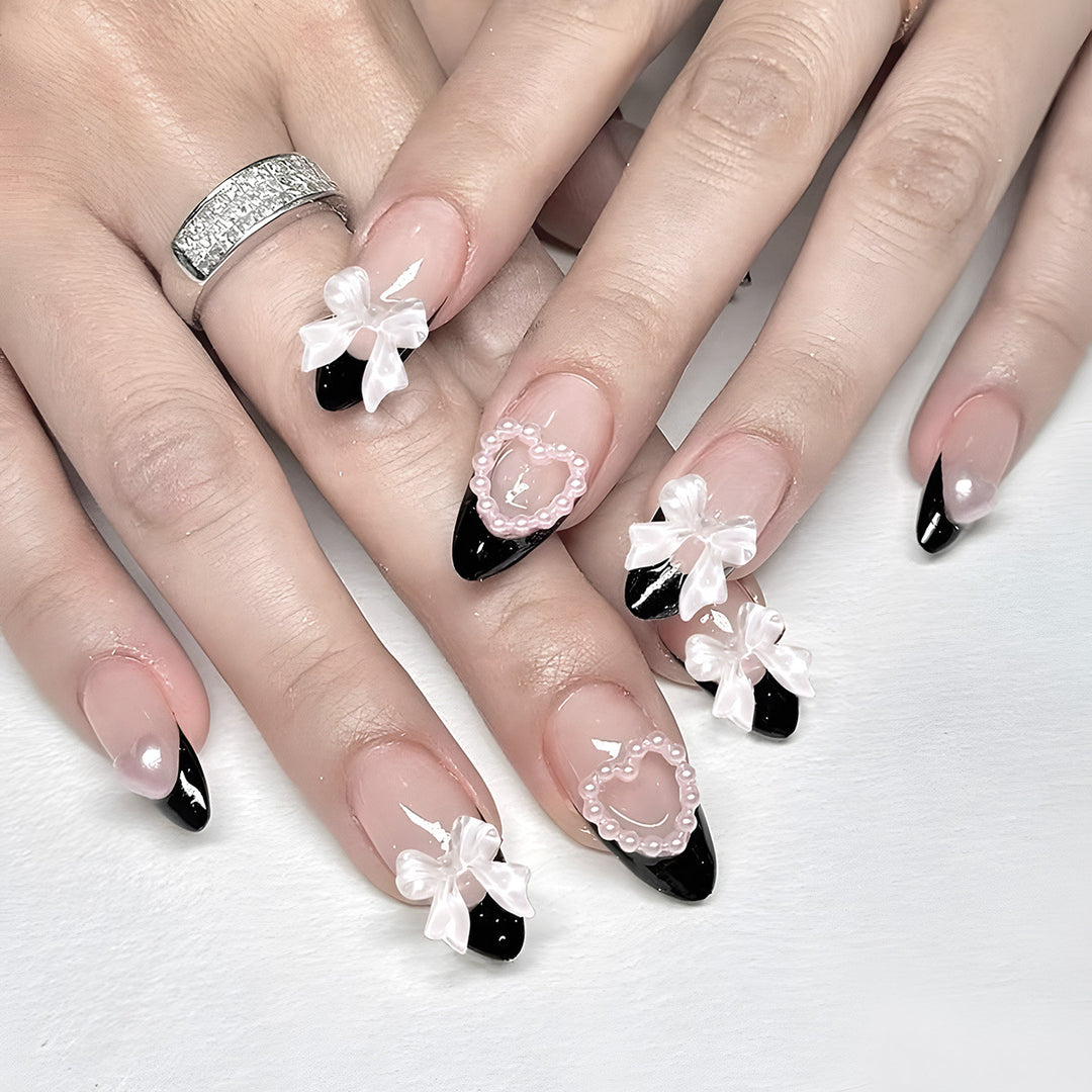 Decorative Black and Pearl-Accent Stiletto Press-On Nails Kalsten