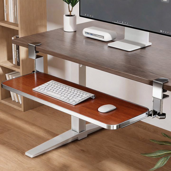 Clamp-Mounted Sliding Ergonomic Woodgrain Keyboard & Mouse Platform