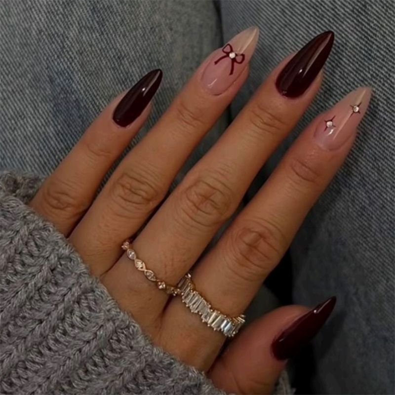 Artistic Press-On Nail Art Set with Decorative Bow and Crystal Accents Kalsten