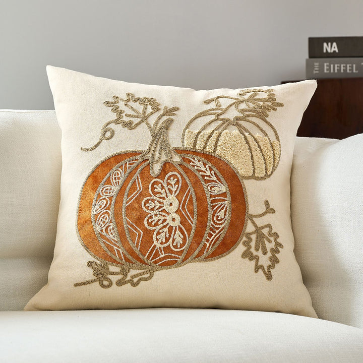 Embroidered Autumn Pumpkin Velvet Accent Pillow Cover