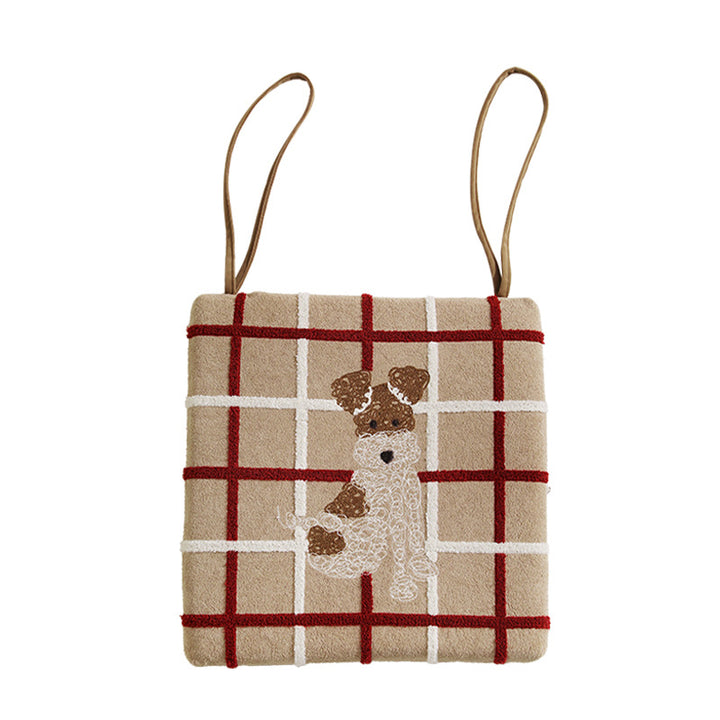 Square seat cushion with appliquéd dog motif, padded filling and attachment straps