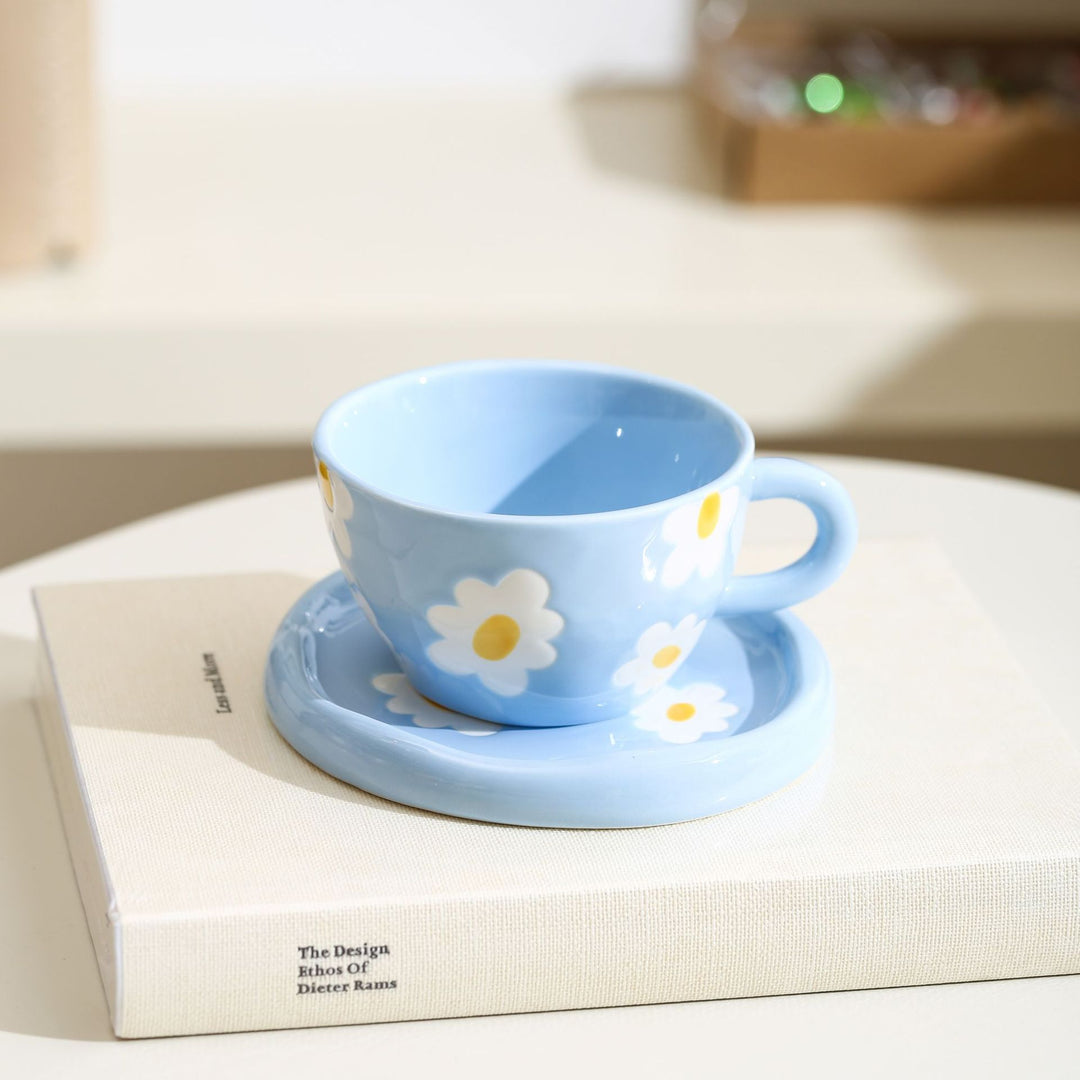 Pastel Design Ceramic Mug Set with Saucer and Raised Rainbow Relief