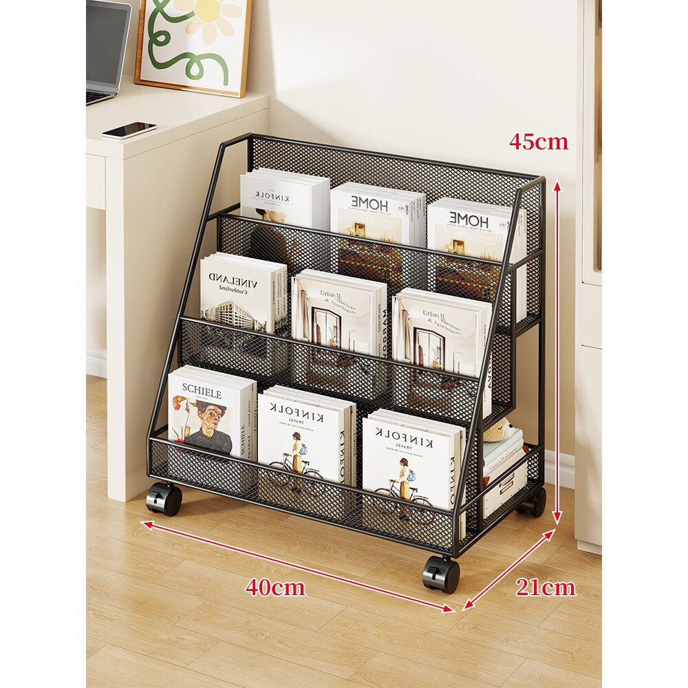 Angled Mesh Rolling Magazine and Book Display Shelf with Locking Casters