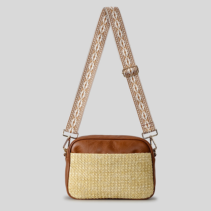 Stylish Crossbody Bag with Woven Straw and Leather Accents