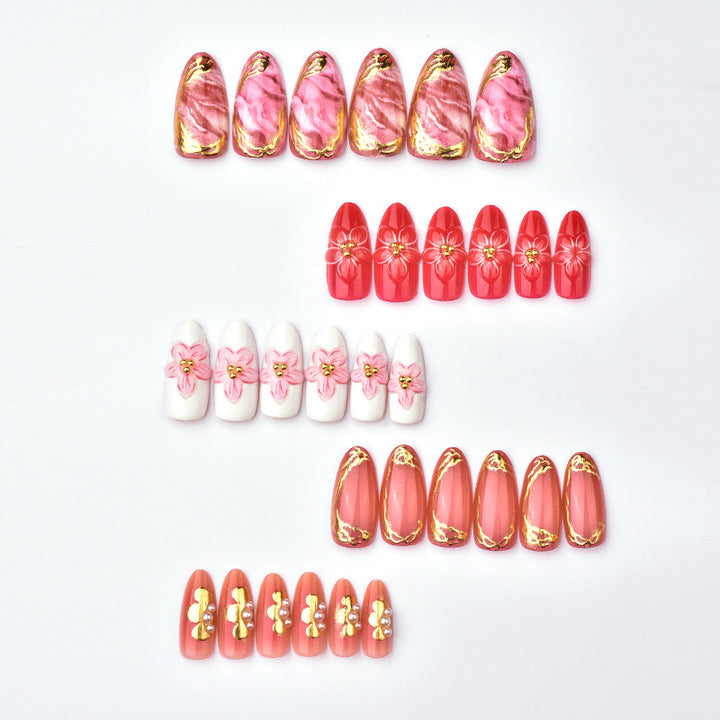 Elegant Floral and Metallic Press-On Nail Art Set Kalsten