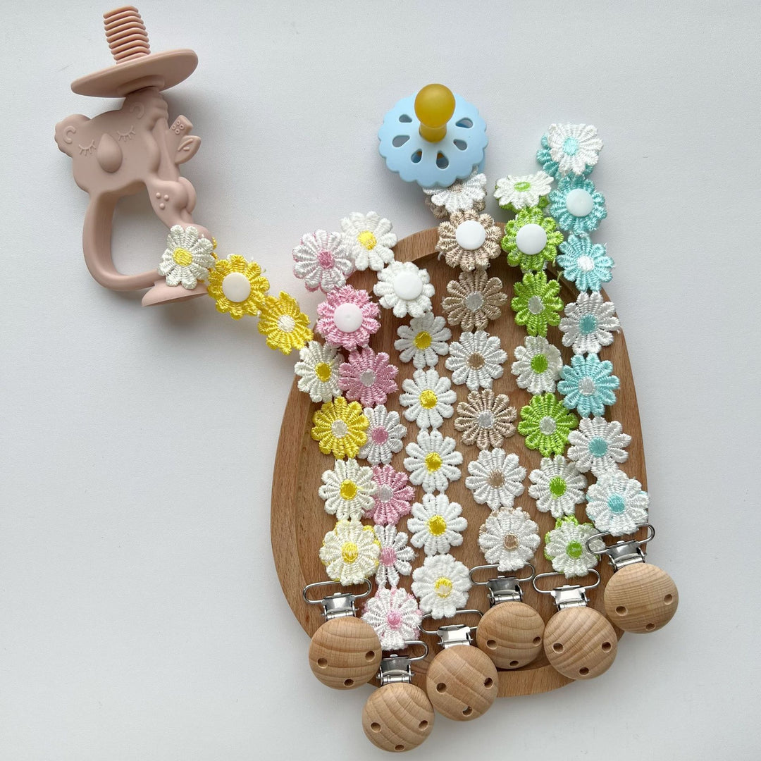 Handmade Crochet Daisy Pacifier Clip with Wooden Safety Clamp