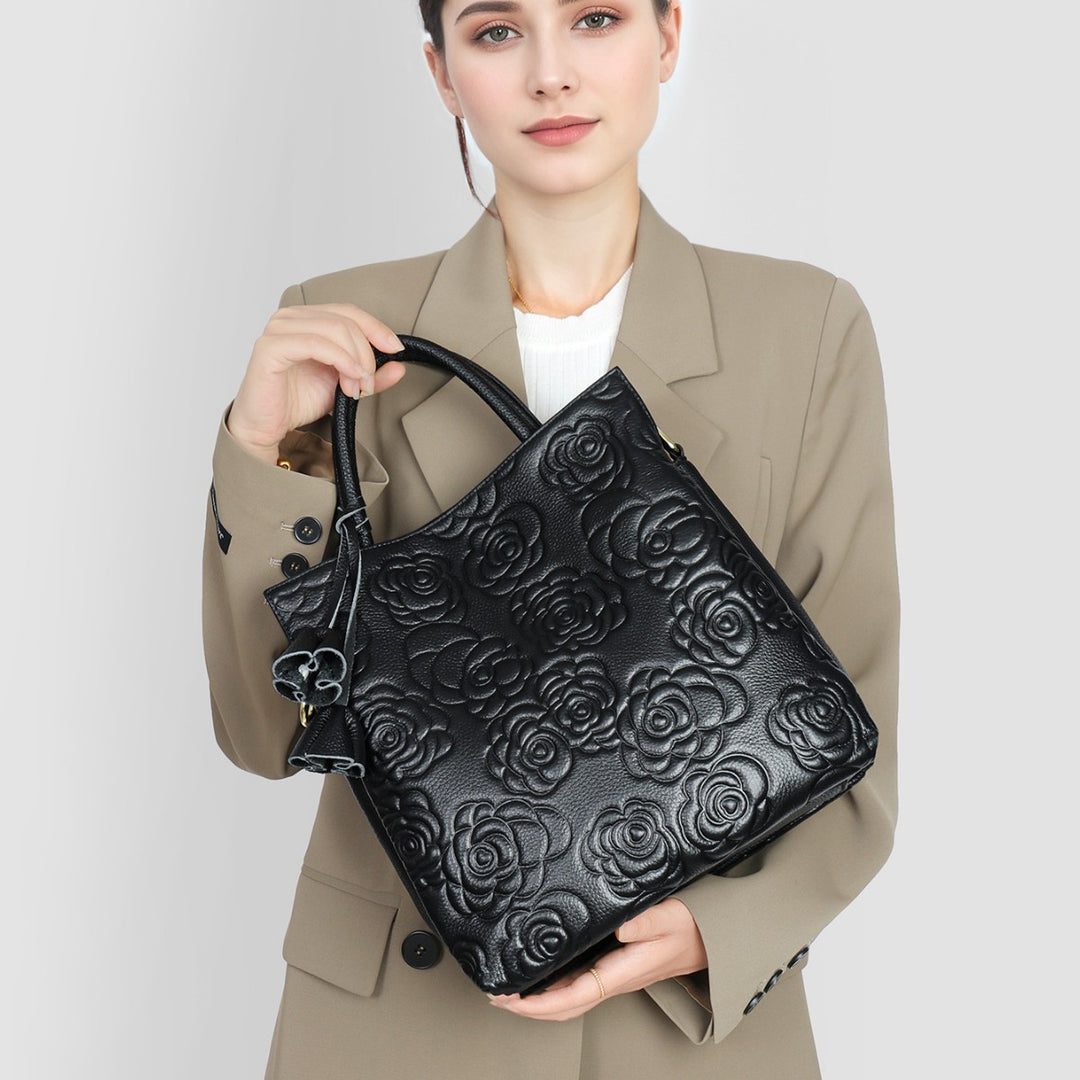 Embossed Floral Vegan Leather Top-Handle Tote with Detachable Crossbody Strap