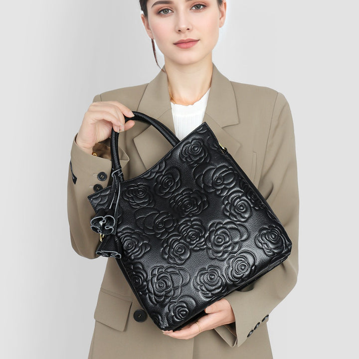 Embossed Floral Vegan Leather Top-Handle Tote with Detachable Crossbody Strap