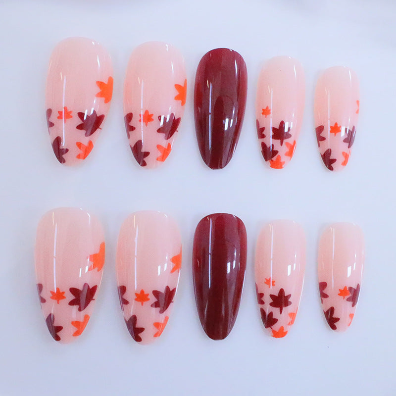 Fall-Inspired Glossy Almond-Shaped Nail Art Enhancements Kalsten