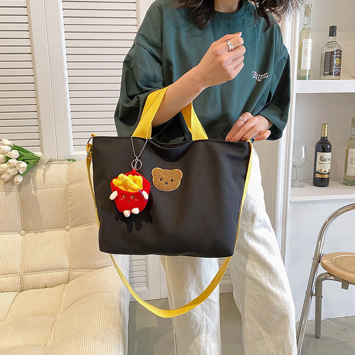 Casual Canvas Tote Bag with Cute Bear Applique