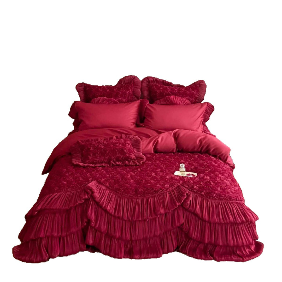 Romantic quilted bedspread with 3D rose appliqué, pleated frills and pillowcases