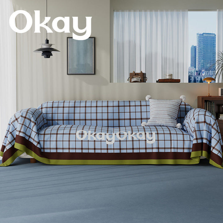 Reversible Plaid-Trim Sofa Slipcover and Throw Blanket Set