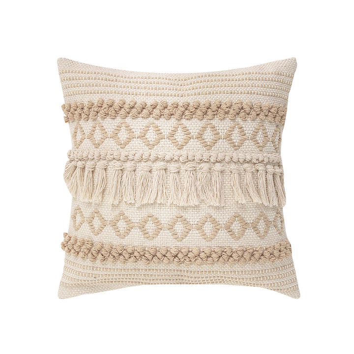 Woven Boho cushion cover with fringe stripes and handcrafted border