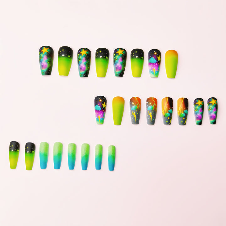 Creative acrylic nails with neon galaxy design Kalsten