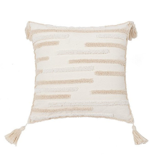 Textured Loop-Embroidered Square Throw Pillow with Corner Tassels and Removable Cover