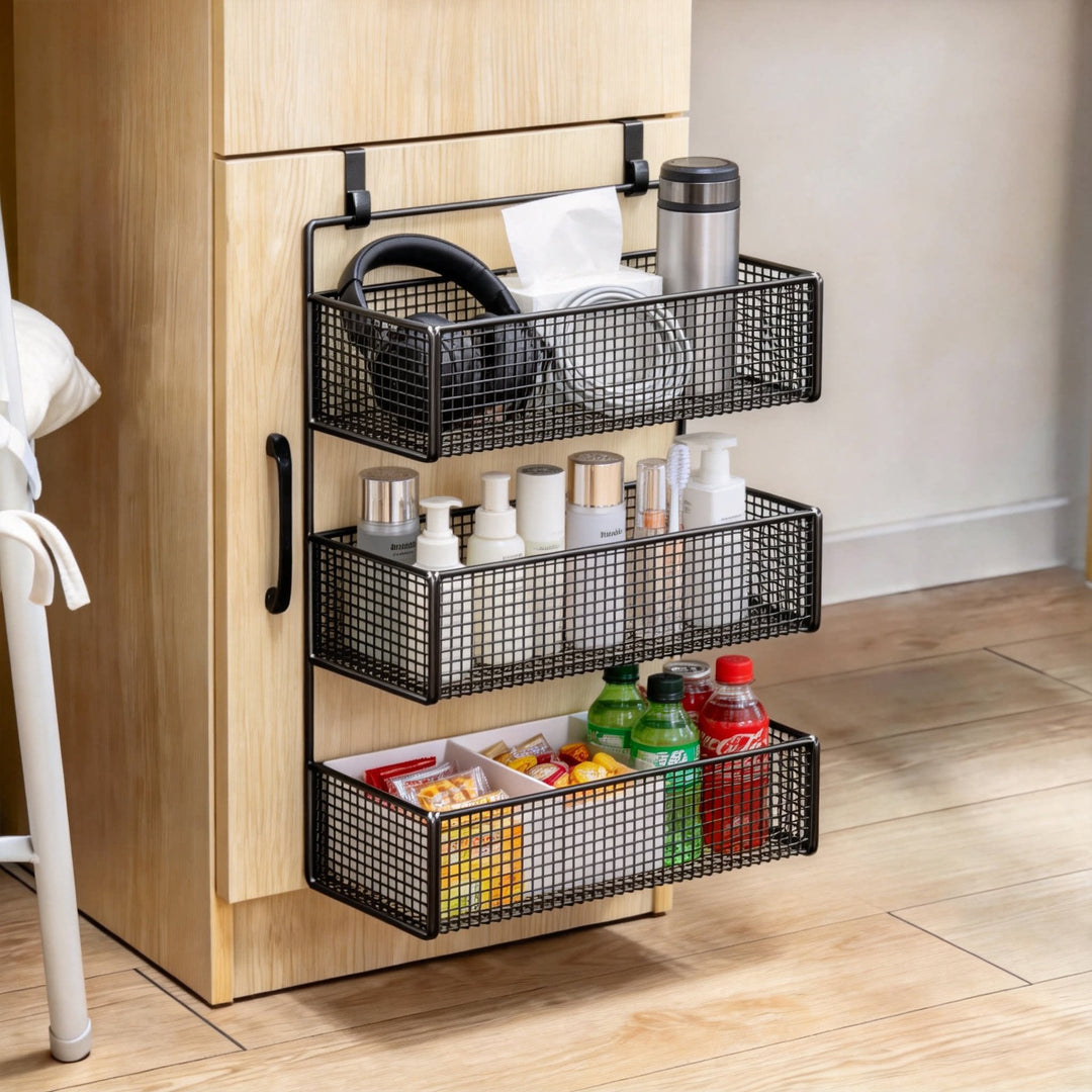 Over-Cabinet Three-Tier Mesh Hanging Pantry Organizer with Removable Baskets