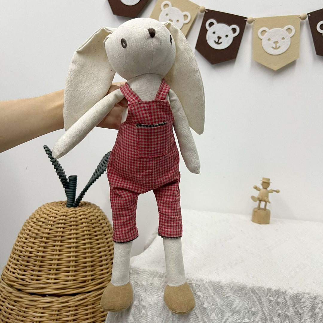 Soft Vintage-Style Long-Eared Fabric Bunny Doll in Checked Overalls