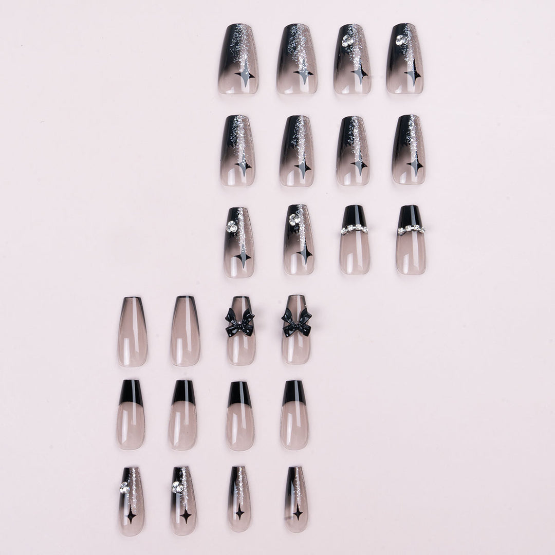 Decorative Press-On Nail Set with Gemstone and Bow Accents