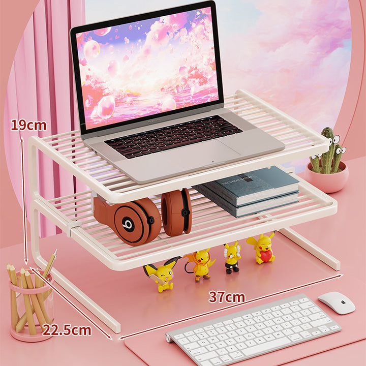 Tiered Adjustable Metal Laptop and Monitor Riser with Ventilated Slatted Shelves and Under-Storage Organizer