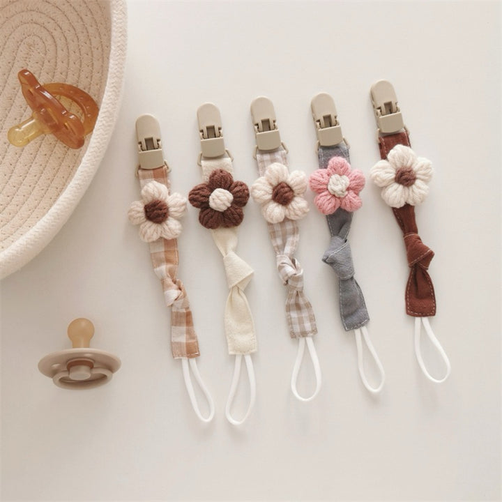 Organic Cotton Pacifier Leash with Quick-Release Clip and Hand-Knit Flower