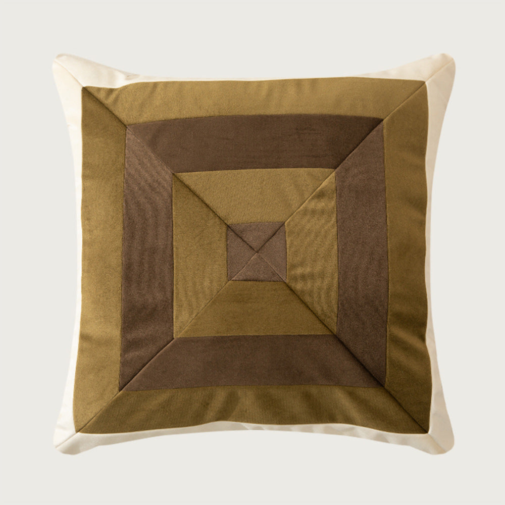 Square decorative cushion with striped velvet inlay and geometric pleated look