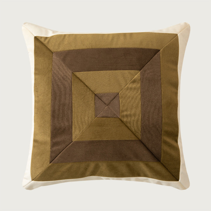 Square decorative cushion with striped velvet inlay and geometric pleated look