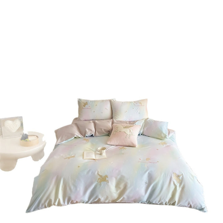 Pastel bedding set with unicorn embroidery and silky soft satin