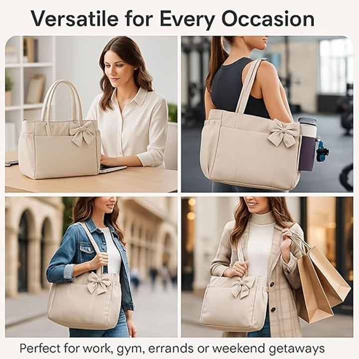 Multifunctional tote bag with detachable shoulder straps and decorative bow Kalsten