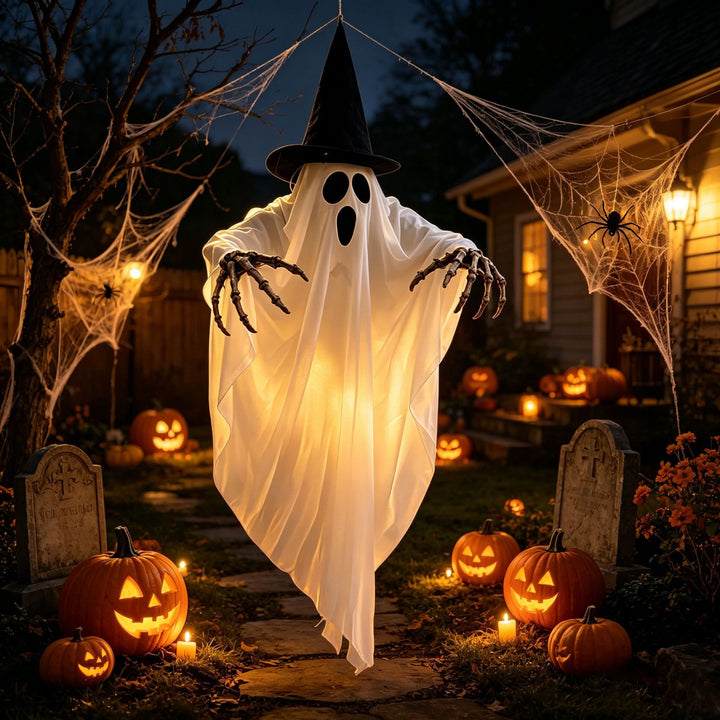 LED hanging ghost decoration with witch hat and skeleton arms
