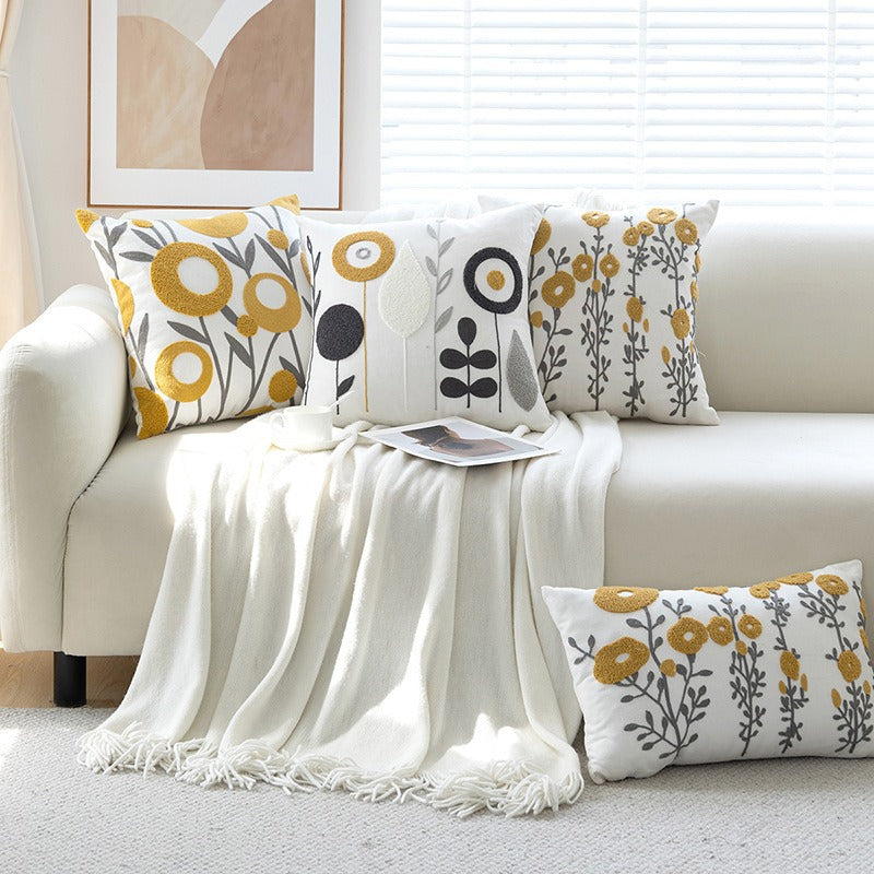 Tufted Floral Embroidered Cotton Throw Pillow Cover with Hidden Zipper