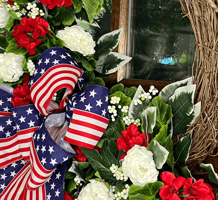 Unisex nan patriotic Americana grapevine front door wreath with oversized star-spangled bow and realistic silk floral accents Kalsten