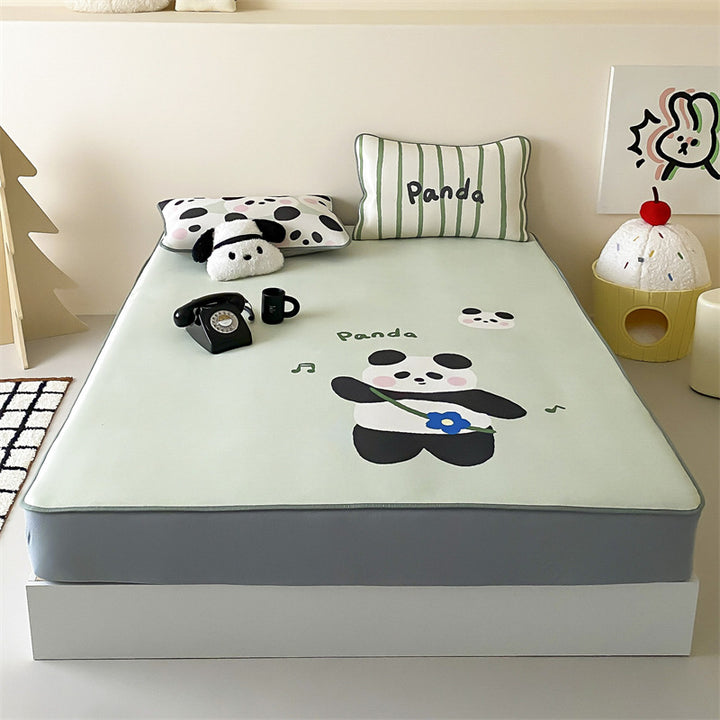 Children's mattress topper and fitted sheet set with non-slip corner fasteners and cute dog design