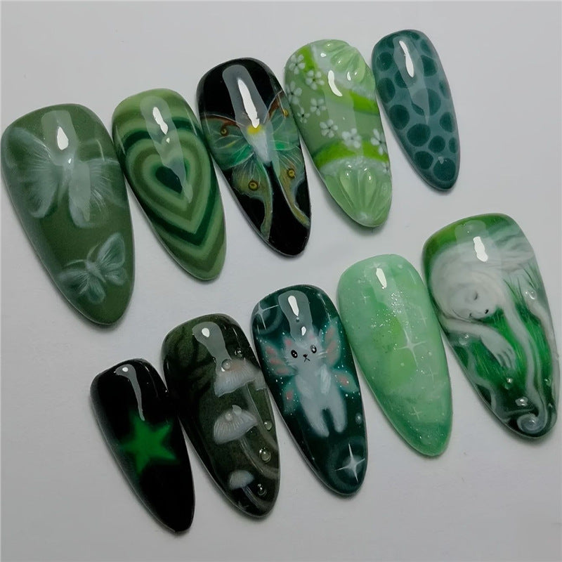Artistic Green-Themed Acrylic Nail Enhancements Kalsten