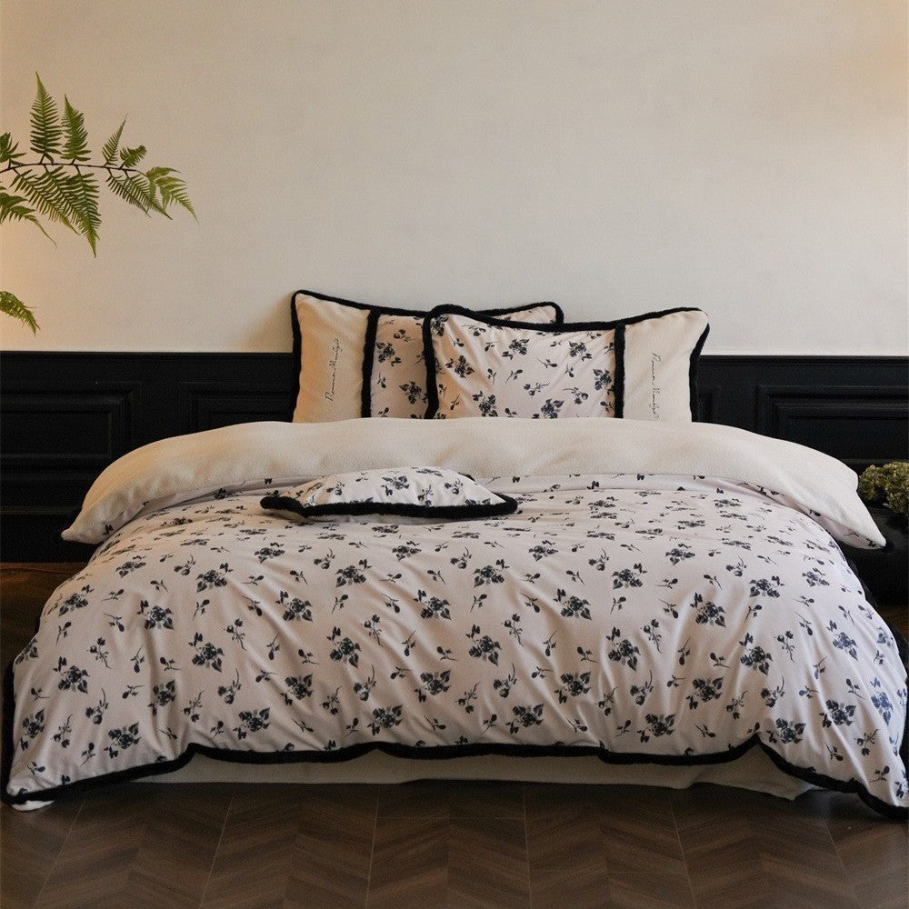 Premium cotton satin duvet cover with floral minimal embroidery and cozy sherpa edge