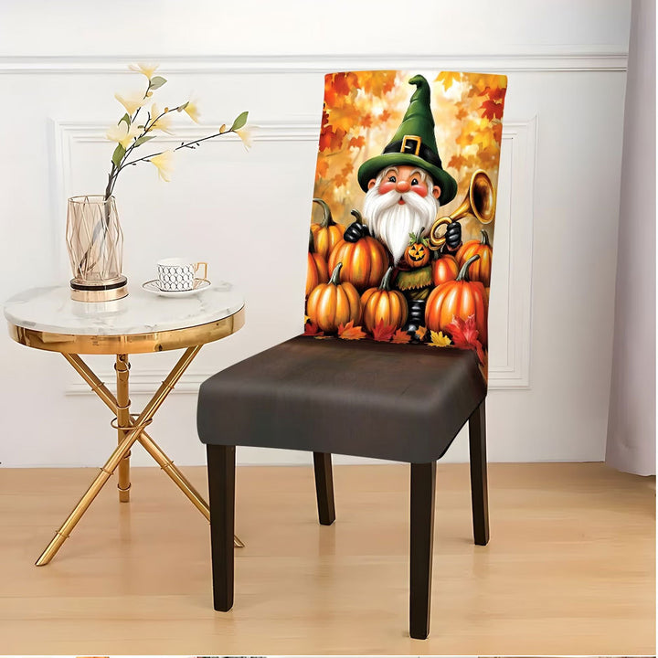 Chair back cover with elastic Halloween gnome and pumpkin design