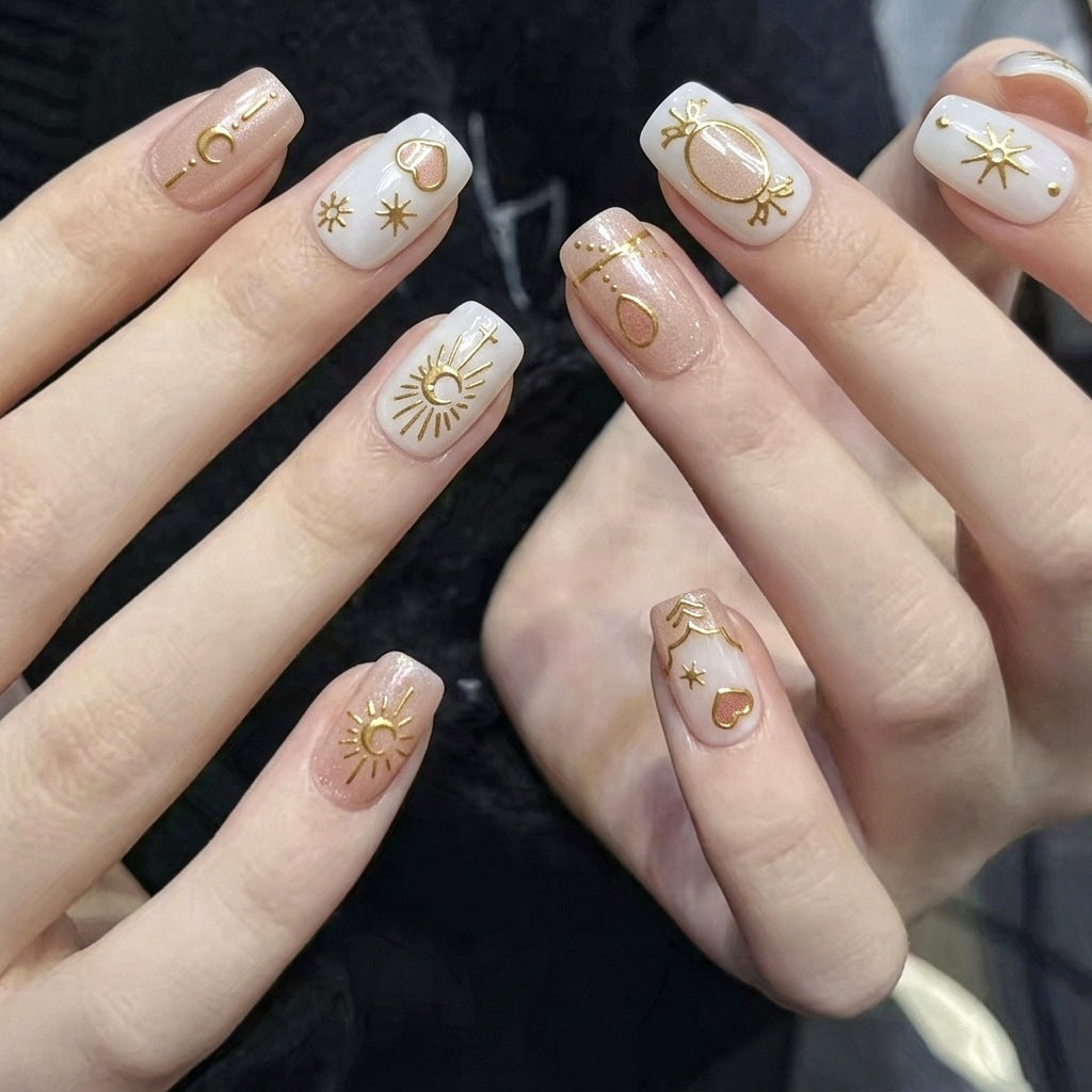 Artistic Press-On Nails Set with Celestial Designs