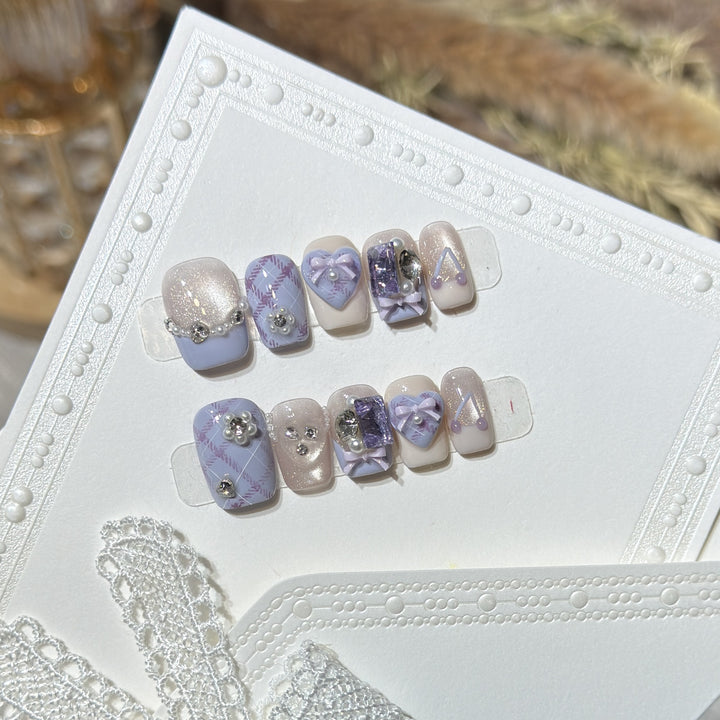 Decorative Luxury Press-On Nail Set with Elegant Bow and Gemstone Accents Kalsten