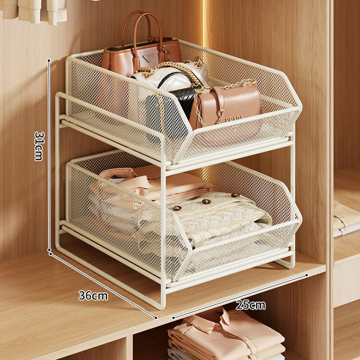 Double-Layer Metal Mesh Pull-Out Closet Organizer for Handbags and Folded Clothing