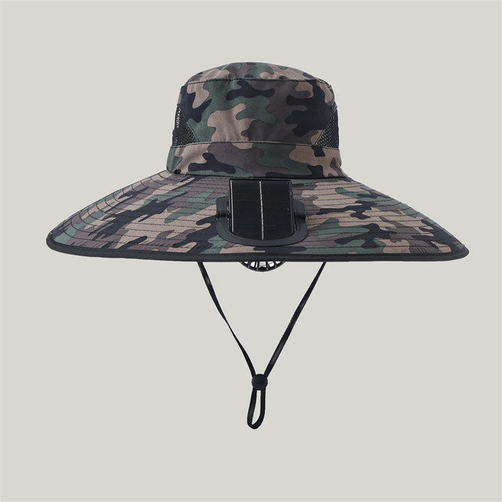 Wide-brimmed outdoor sun hat with solar-powered micro fan, breathable mesh and adjustable chin strap Kalsten