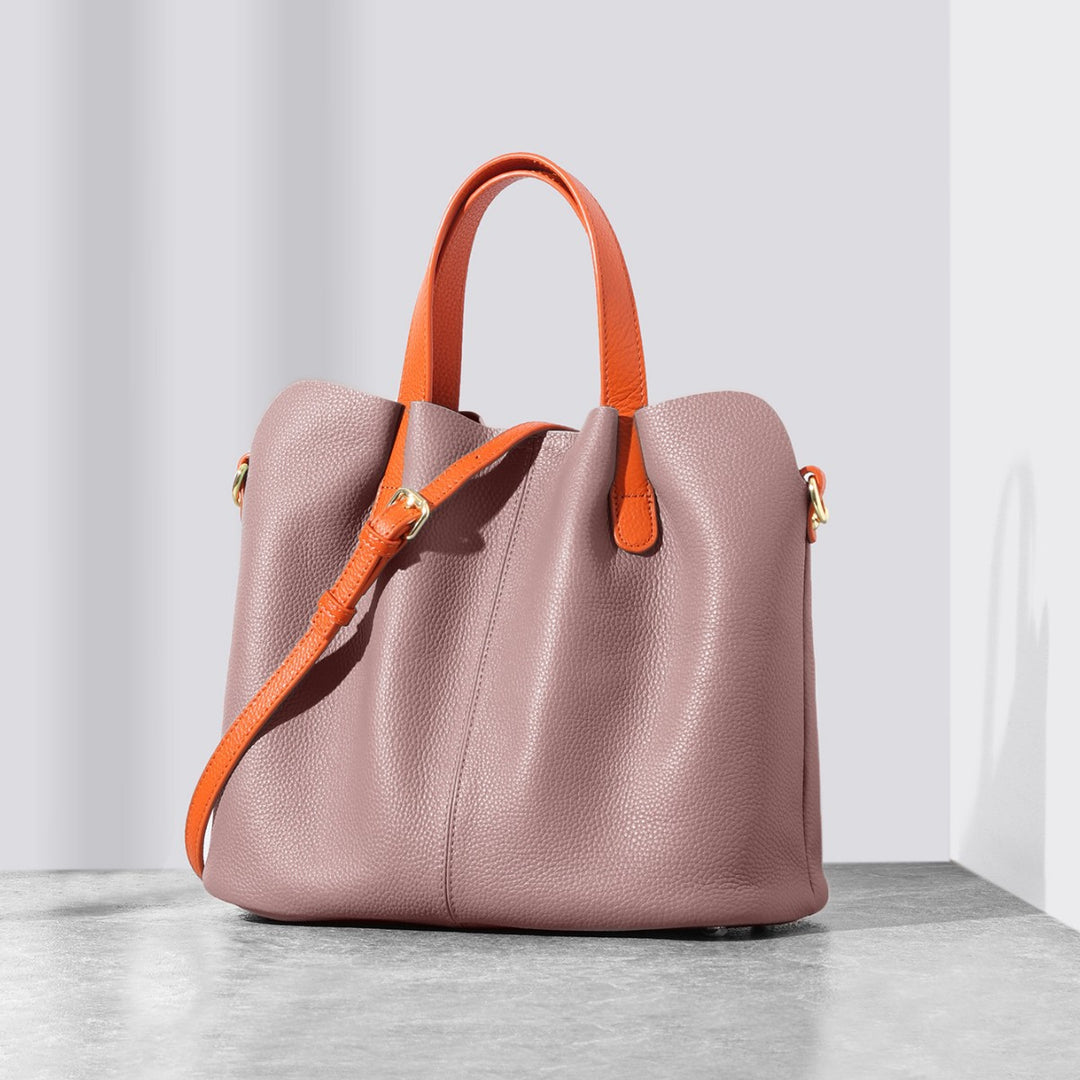 Soft-Grain Leather Ruched Shopper Tote with Contrast Short Handles