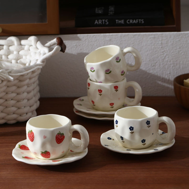 Ceramic mug with hand-painted tulip pattern and organic shape