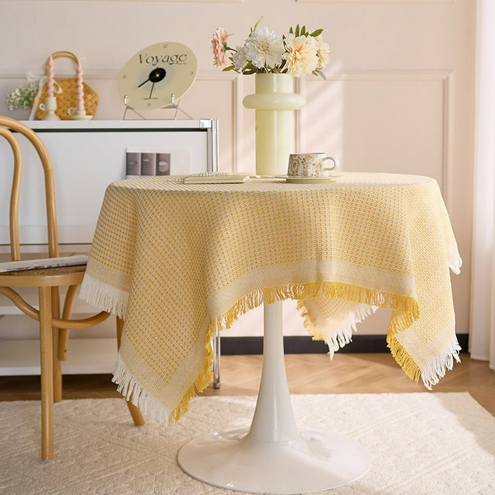 Round Textured Waffle-Weave Fringe Tablecloth with Tassel Edge