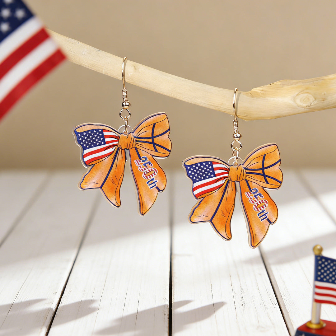 Women's acrylic statement earrings long pendant bow motif with patriotic print Kalsten
