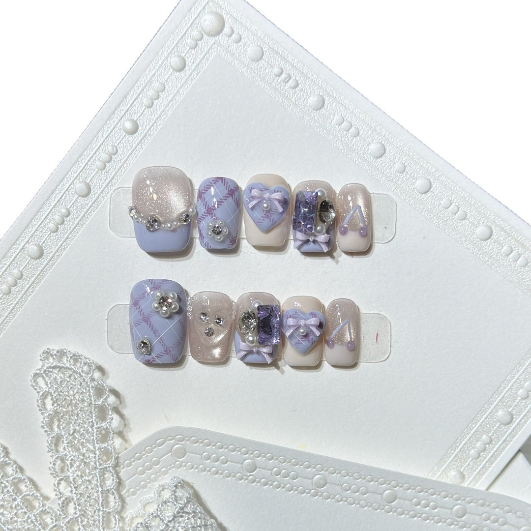 Decorative Luxury Press-On Nail Set with Elegant Bow and Gemstone Accents Kalsten