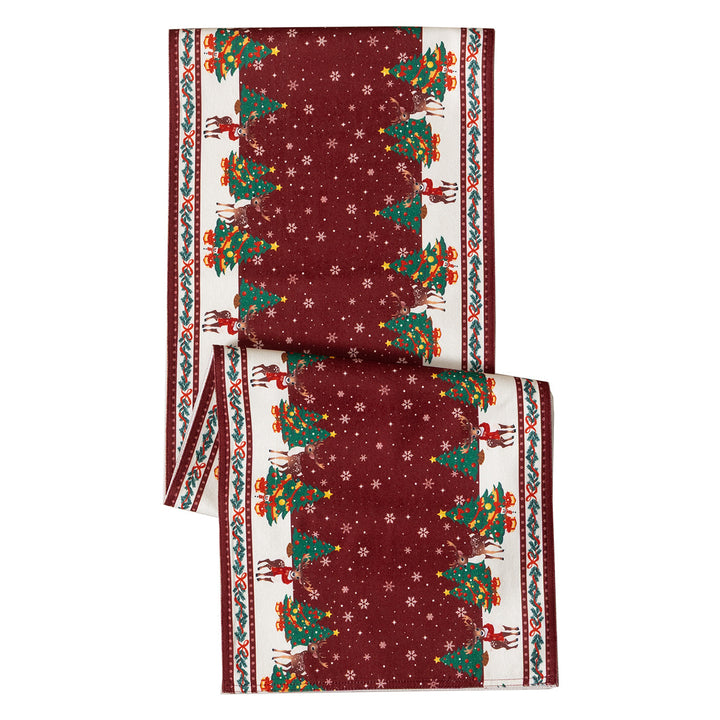 Christmas table runner with jacquard reindeer motifs and decorative border edge