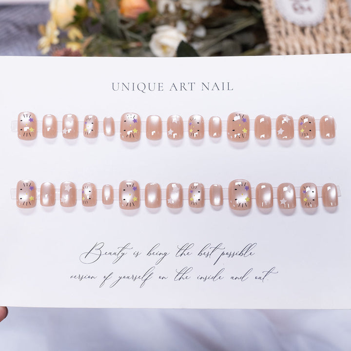 Press-On Nail Set with Artistic Star and Floral Design