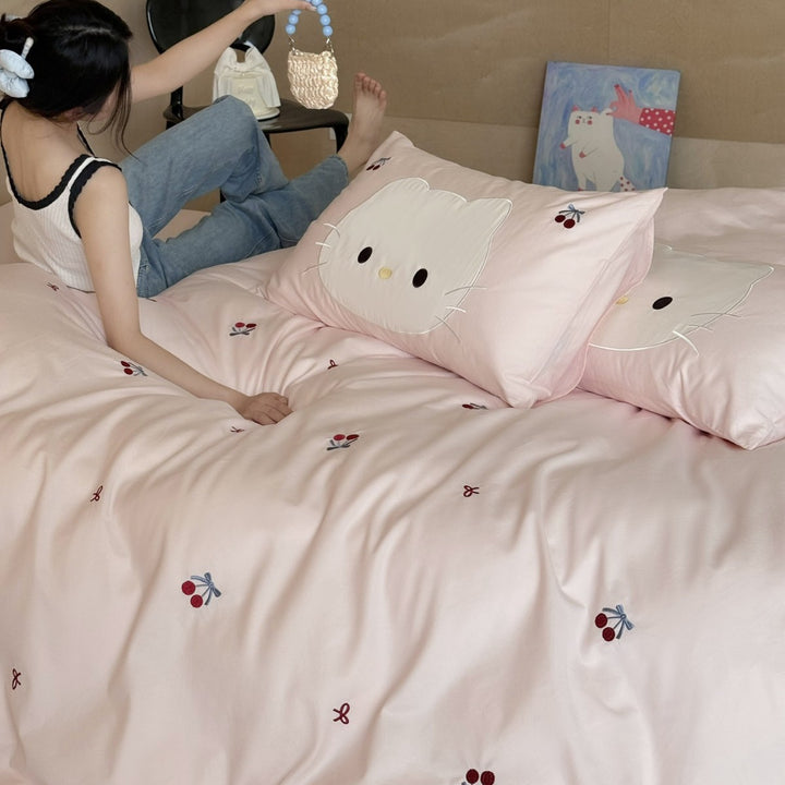 Cute embroidered bedding set with cat applique and cherry motif Kalsten